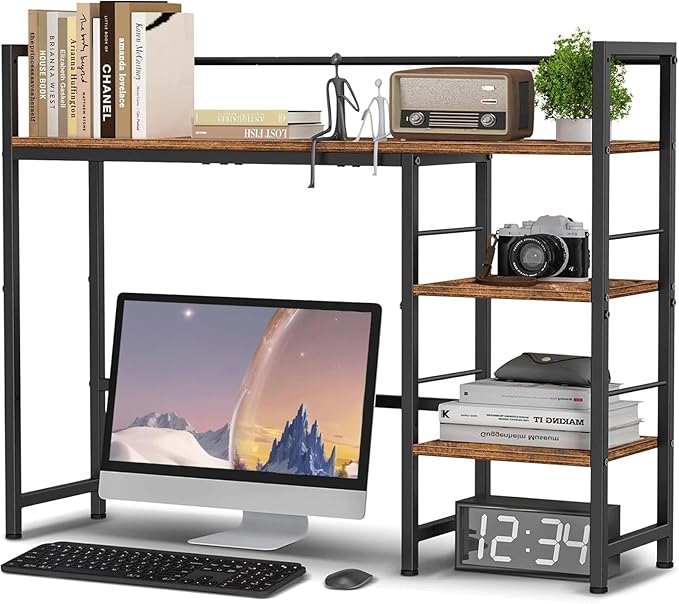 Desk Shelf, 38.5 Inch Desk Hutch for Computer Monitor, Computer Desktop Bookshelf Storage Rack Adjustable Desk Hutch Top Only, 3 Tier Desk Organizer Shelf for Office Home, Rustic