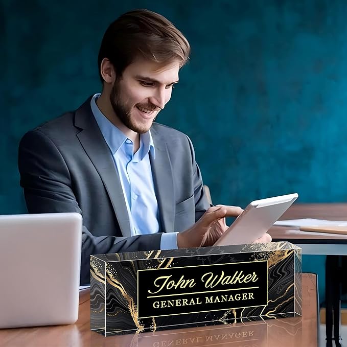 Ship Next Day Personalized Name Plate for Desk, Custom Acrylic Desk Name Sign, Office Appreciation Gifts for Women Men Coworkers Boss Teacher Employee (Black Marble)