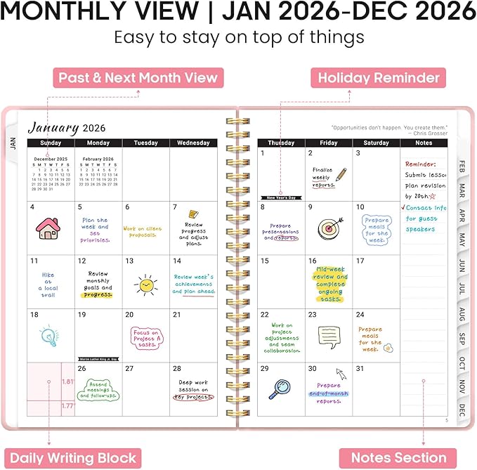 2026 Planner 8.5" x 11", Weekly and Monthly Calendar Planner Book, January 2026 - December 2026, Hardcover Spiral Planner with Monthly Tabs, Notes Pages, Perfect for Women & Men, A4 - Pink