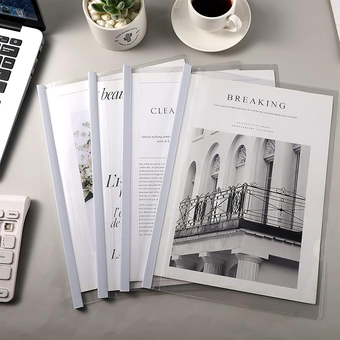 BBTO 100 Pcs Clear Report Covers with Sliding Bar for A4 Paper Resume Covers Presentation Folders File Document Binder for School Business, Letter Size 12 x 8.7 Inches(White)