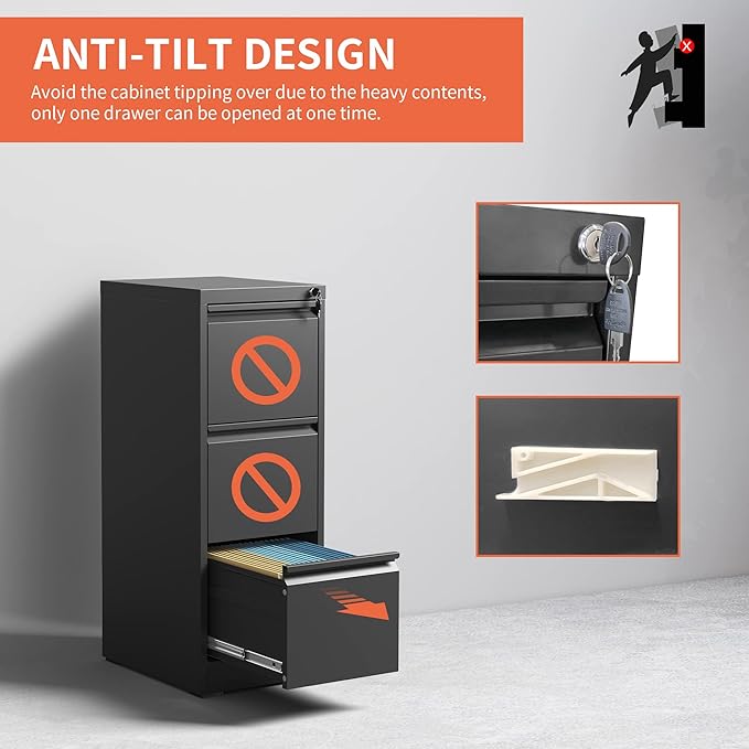 3 Drawer File Cabinet,Metal Filing Cabinets for Home Office,Vertical File Cabinet with Lock,Heavy Duty Metal Storage Cabinet for A4/Letter/Legal Size Files,Assembly Required