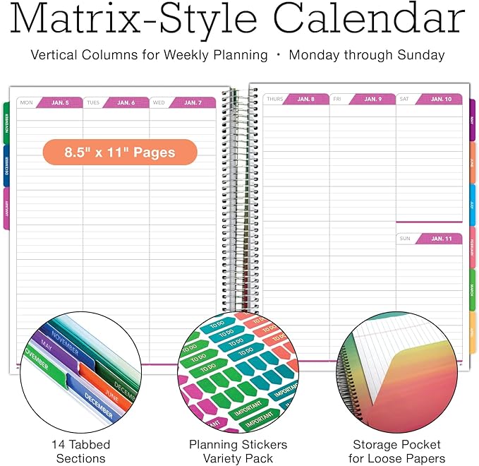 DELUXE 2026 Planner, 8.5"x11": 14 Months (November 2025 - December 2026), Includes Page Tabs, Bookmark, Planning Stickers, Pocket Folder Daily Weekly Monthly Planner Yearly Agenda (Colorful Botanicals)