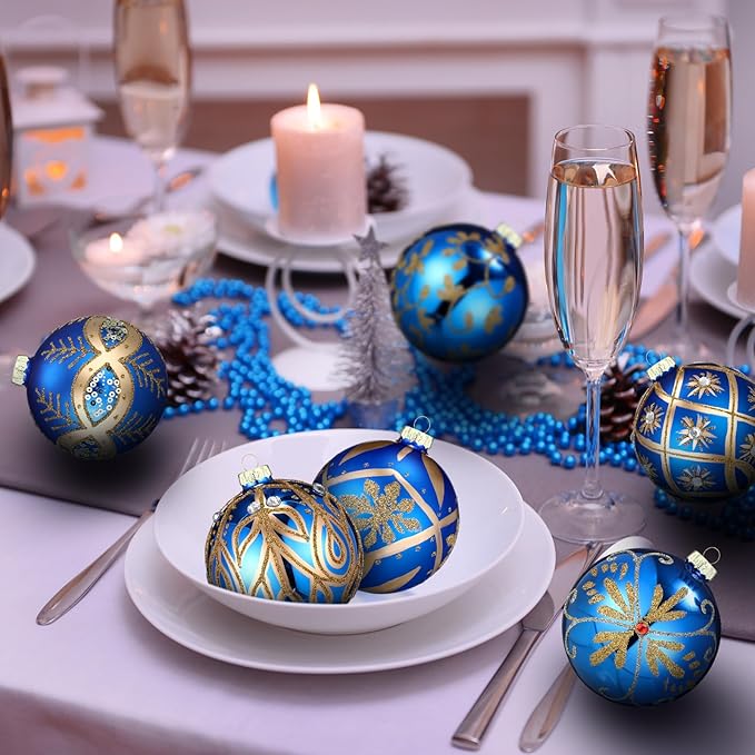 6 pcs 3.15 Inch Glass Luxury Christmas Ball Blue and Gold Ball Ornaments Glass Christmas Tree Decorations Luxury Hanging Ornaments for Xmas Tree Party Holiday Decor
