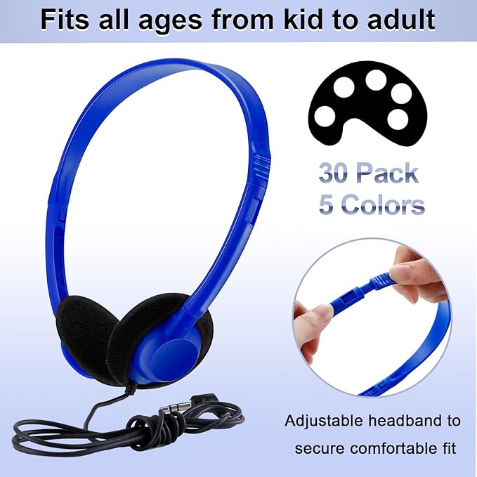 Yunsailing 30 Pack Class Set Headphones for Students Bulk School Headsets Earphones with 3.5mm Jack Classroom Must Haves Teacher Supplies for Adults Laptop Computer(Vivid Color)