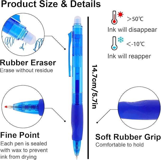 USUAL Retractable Erasable Pens 12 Colored Erasable Gel Pen 0.5mm Erasable Gel Pens Black Make Mistakes Disappear Smooth Writing Pen Office Back-to-School Supplies (Blue)