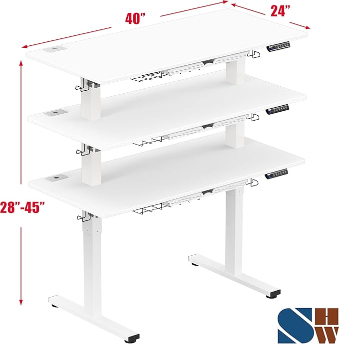 SHW 40-Inch Electric Height Adjustable Standing Desk with Drawer, Memory Preset and Cable Management Tray, White