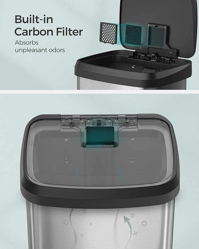 SONGMICS Kitchen Trash Can, 18-Gallon Stainless Steel Garbage Can, with Stay-Open Lid and Step-on Pedal, Soft Closure, Tall, Large and Space-Saving, Silver and Black ULTB520E68