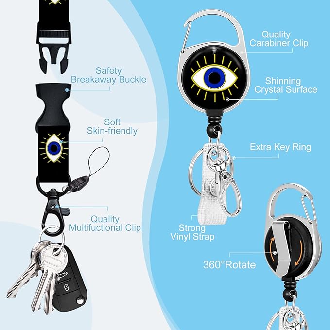 Evil Eye Badge Reel Retractable Heavy Duty with 360° Swivel Carabiner Clip, Evil Eye ID Badge Holder with Breakaway Lanyard, ID Card Holder Keychain Name Badge Clip, Nurse Teacher Gifts
