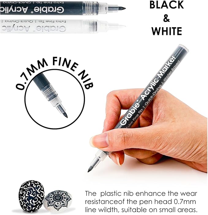 Grabie Black & White Extra Fine Tip Acrylic Paint Marker Set, 6 Pack, 0.7mm Acrylic Paint Pens for Highlights and Fine Details on Drawings, Rock Painting Glass Canvas Wood, White Highlight Markers
