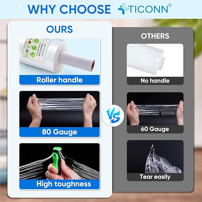 TICONN 7Pk Stretch Wrap Stretch Film Roll, 1000ft Industrial Strength 5 inch Wide Clear Plastic Wrap with Handles for Pallet Wrapping Shipping Moving