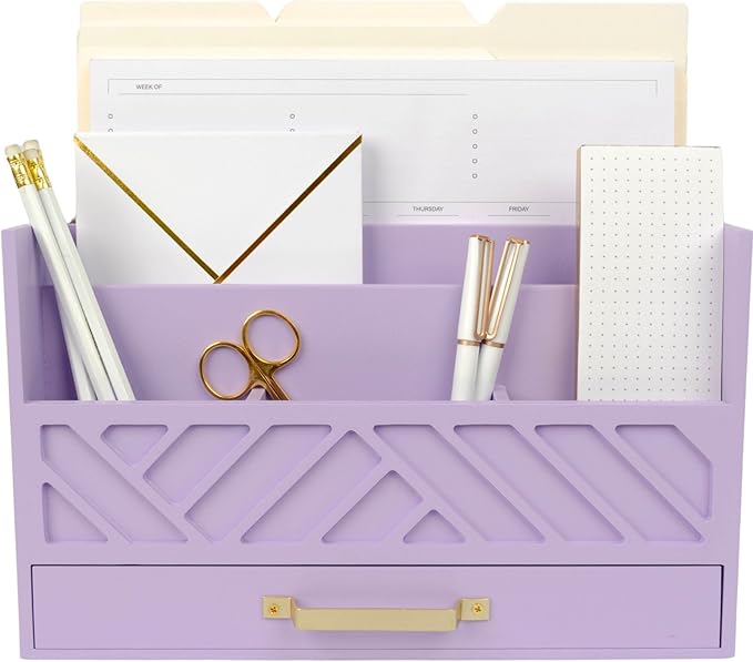 BLU MONACO Mail Organizer Countertop Kitchen - Purple Wood Desk Storage with Drawer - Mail Sorter or Bill Holder for Desk - Farmhouse Accessories & Mail Basket for Counter