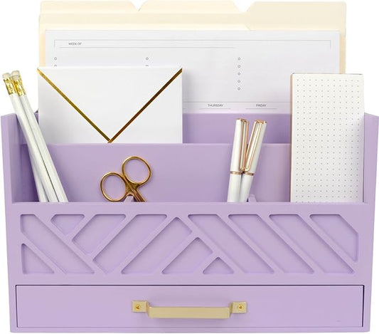 BLU MONACO Mail Organizer Countertop Kitchen - Purple Wood Desk Storage with Drawer - Mail Sorter or Bill Holder for Desk - Farmhouse Accessories & Mail Basket for Counter