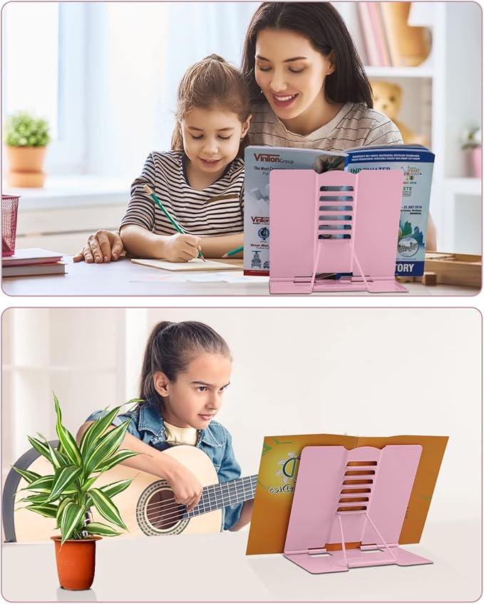 MSDADA Desk Book Stand Metal Reading Rest Book Holder Adjustable Cookbook Documents Holder Portable Sturdy Bookstands for Recipes Textbooks Tablet Music Books with Page Clips (Light Pink)