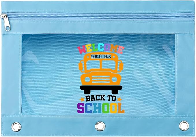 Pencil Pouch for 3 Ring Binder, School Bus Back to School Cartoon Pattern Zipper Pencil Case Bag with Clear Window