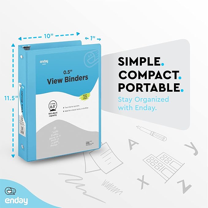 ½ Inch 3 Ring Binder Blue .5 Inch Round Ring Clear View Cover with 2 Inside Pockets Binders, Colored School Supplies Binders, Also Available in Pink, Red, Green, Purple, and Grey (6 PC) – by Enday
