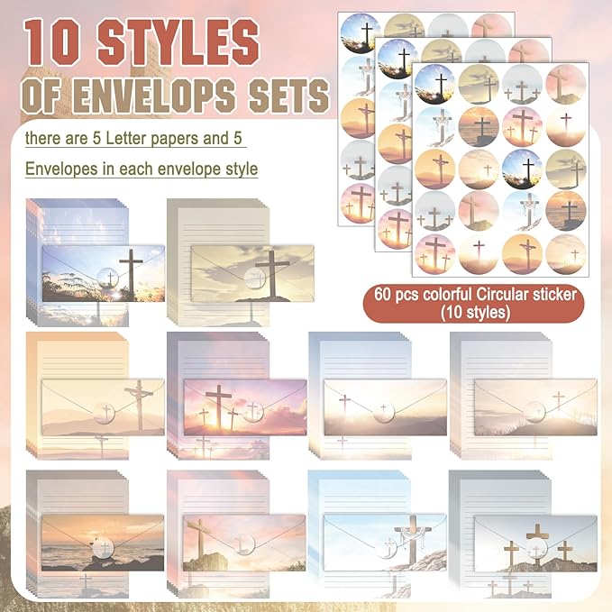 TaoBary 160 Pcs Stationery Paper Set 50 Double Sided Stationery Papers with 50 Matching Envelopes and 60 Round Dot Sticker, 10 Design(Religious Letter with Cross,8.5 x 11 Inch)