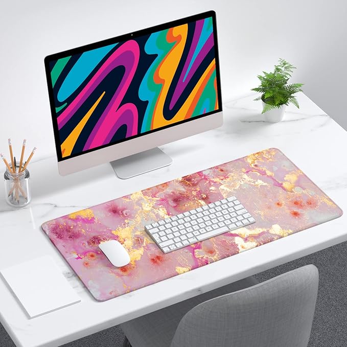 Desk Mat, 32" x 12" XXL Extended Large Gaming Mouse Pad, Desktop Decor Desk Pad, Cute Men Women Office Supplies and Accessories, XL Mouse Mat for Laptop & Keyboard, Pink Gold Marble