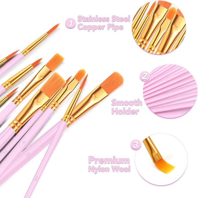 ESRICH Acrylic Paint Brushes Set, 16 Packs/160 Pcs, Pink, Suitable for Acrylic, Oil, Watercolor,Rock Body Face Nail Art,Perfect Suit of Art Painting, Best Gift for Kids Adult Drawing