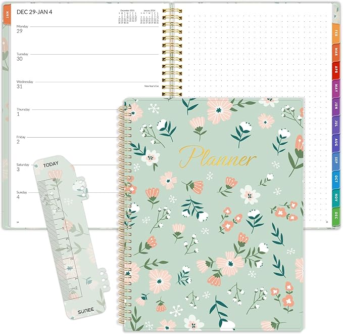 SUNEE 2026 Weekly and Monthly Planner - January 2026-December 2026, 8.5"x11" Half Weekly Half Note, Daily Agenda Planner with PVC Waterproof Cover, Monthly Tab, Note, Pockets, Bookmark, Wildflowers