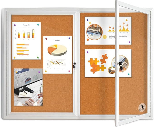Lockable Outdoor Enclosed Bulletin Board, Weatherproof Cork Noticeboard with Locking Door, Wall-Mounted Aluminum Framed Display Case for Messages,36x24in (5xA4) (Silver Frame & Cork, 44x32 in)