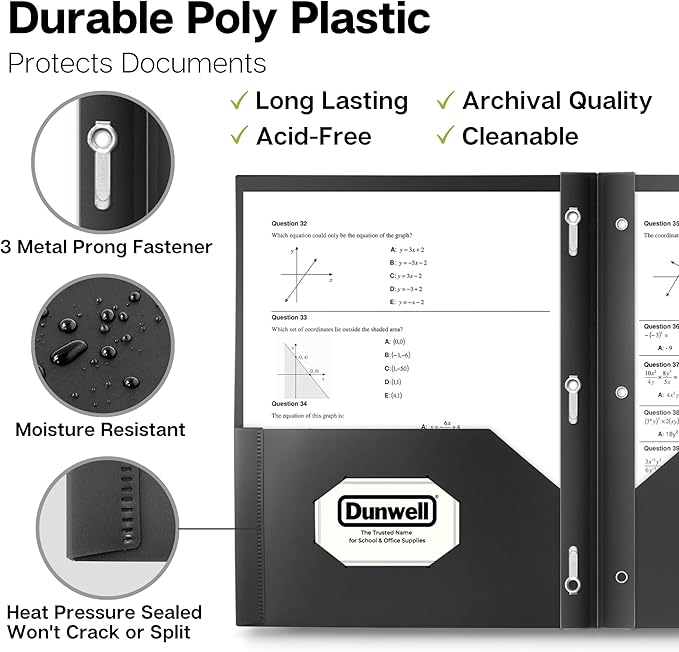 Dunwell Plastic Folders with 3 Prongs, (2 Pack, Black), 2-Pocket Folders with Fasteners, Durable Acid-Free Poly for Long Term Use, Includes Labels