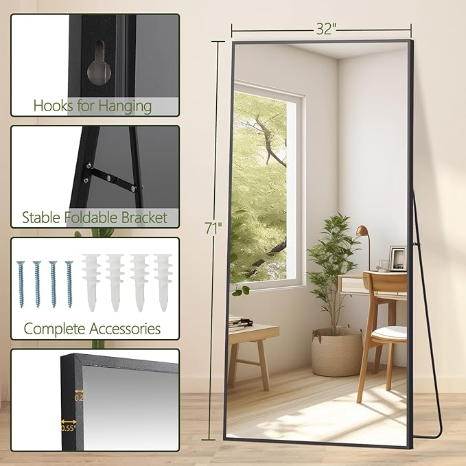 MELOMOIR 71"x32" Large Mirror Full Length, Oversized Floor Mirror Full Length for Bedroom Living Room Cloakroom Gym, Hanging Standing or Leaning Full Body Mirror with Stand, Black Aluminum Alloy Frame