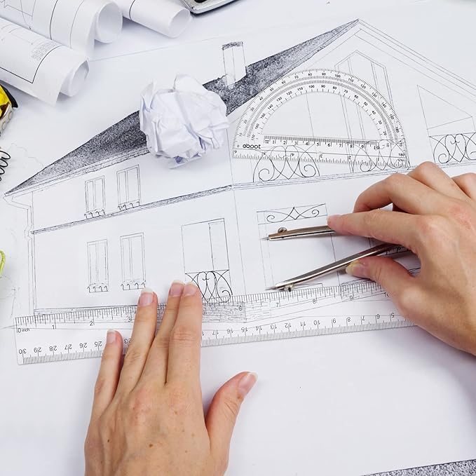 Zonon 2 Pack 12'' Plastic Ruler and 6'' Plastic Protractor Set Clear Ruler Protractor Set Math Geometry Supplies for School Classroom Home Office Drawing(Clear)