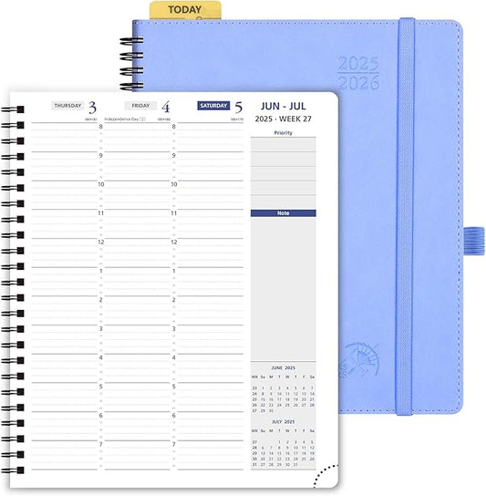 POPRUN 2025-2026 Weekly Planner 7.25'' x 8.25''Academic Spiral Appointment Book (July 2025-June 2026) with Quarter-Hourly Schedule, Monthly Tabs, Leather Softcover, Inner Pocket - Cornflower