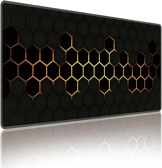 Hexagon Honeycomb Golden Large Mouse Pad, Gaming Desk Mat, XXL Extended Keyboard Desk Pad, 35.4"x15.7" Non-Slip Rubber Base Big Mousepad with Stitched Edges for Home and Office
