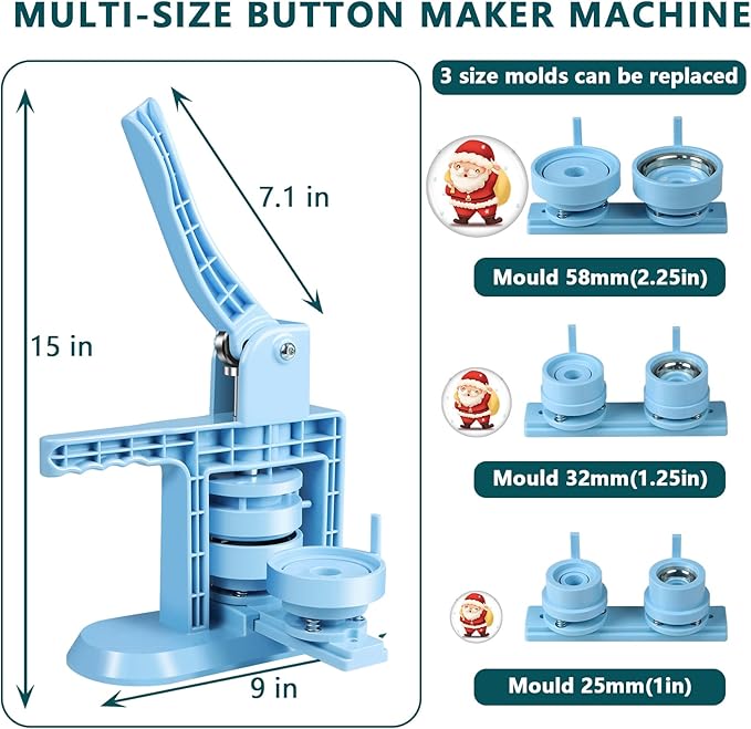 Button Maker Machine Multiple Sizes 1+1.25+2.25inch(4th Gen), DIY Button Pin Maker Machine Kit, Badge Press Machine with 300PCS 25+32+58mm Button Making Supplies& Cutting Mat&Circle Cutter