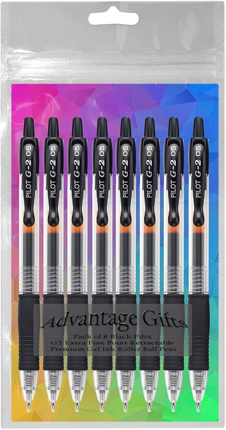G2 Retractable Premium Gel Ink Roller Ball Pens Extra Fine Point (.5mm) Black Ink 8 pack; Refillable & Premium Comfort Grip Bundle with Plastic Reusable Pouch