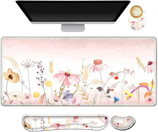 AIMSA Keyboard Mouse Pad Wrist Rest, Extended Gaming Mouse Pad +Wrist Support, Ergonomic Memory Foam,XXL Large Mousepad Easy Typing Pain Relief, 4Pcs (35×15.7 in) Desk Mat, Pink Flowers