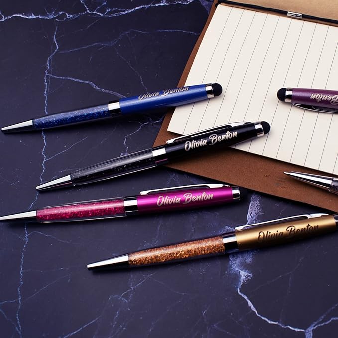 Ancolo Custom Personal Pens with Stylus Tip - Beautiful Smooth Writing Set Black ink refill - Engraved with Your Name or Message Gift for Women/Lady/Girl/Teacher/Manager/10 Pens/Box (Rose red)