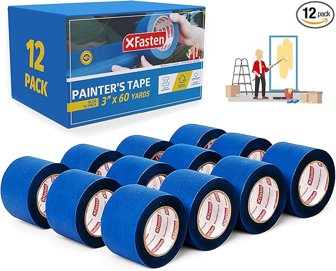XFasten Blue Painters Tape Bulk 3-Inch x 60-Yards (12-Pack, 2160ft Total) Wall Safe Painters Tape 3 Inch Wide, Blue Masking Tape Bulk, Paint Tape for Walls, Painting, Automotive