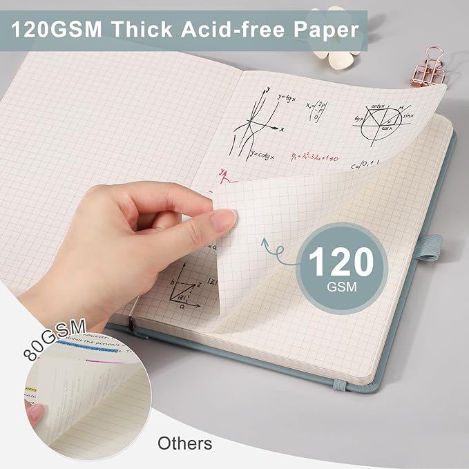 EMSHOI Graph Paper Notebook - 256 Pages A5 Graph Notebook/Journal, Square Grid Notebooks for Work, 120gsm Thick Paper, Executive Hardcover Leather, Inner Pocket, Pen Loop 5.75'' × 8.38''-Blue