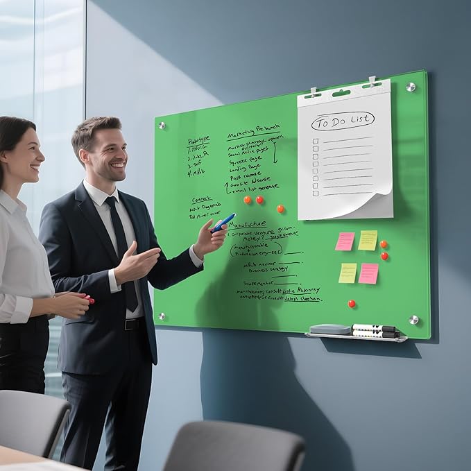 MaxGear Glass White Board 36x24, Green Wall Mounted Magnetic Glass Dry Erase Board, Large Frameless Whiteboard with 1 Eraser,3 Markers and 6 Magnets for Office, School, Home