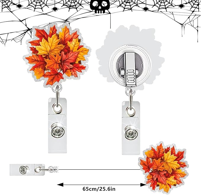 Autumn Leaves Badge Reel Retractable Badge Holder with Alligator Clip Fall Acrylic ID Name Card Scroll Red Maple Leave Badge Clips Designs for Student Teacher Office School Worker Nurse Decoration
