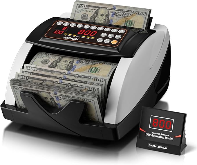 Aneken Money Counter with Value Count, UV/MG/IR Counterfeit Detection for Dollars Euros Machine with Count/Add/Batch/Auto Modes, Cash Counter with External LCD Display, White