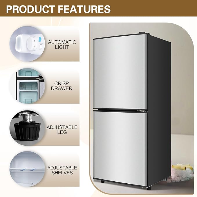 Compact Refrigerator with Freezer 4.2 Cu. Ft. 2-Door Dorm Fridge with Adjustable 7-Level Thermostat, Small Refrigerator with Freezer for Home, RV, College Dorm, Apartment, Office, Silver