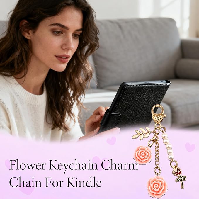 Rose Purse Charms Cute Flower Keychain With Heart Sticker Charm Chain For Kindle Colorful Bag Charms For Handbags