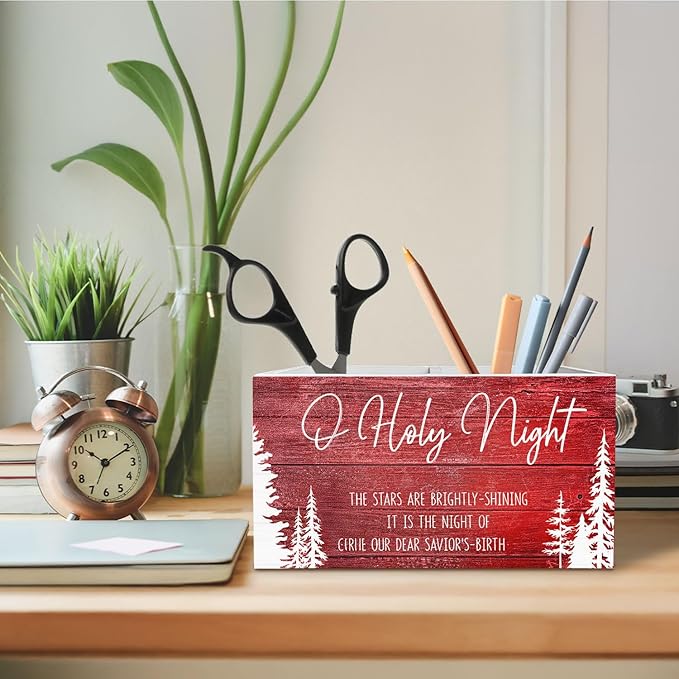 Red Rustic Christmas Tree Pen Holder for Desk, O Holy Night Holiday Christmas Wooden Box Sign Desk Decor for Home Office Decoration, Farmhouse Xmas Tree Pencil Organizer
