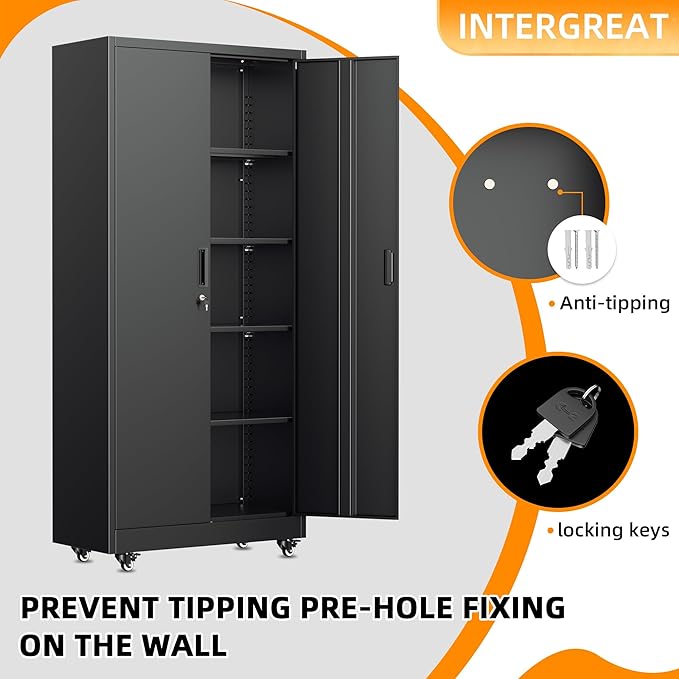 INTERGREAT Rolling Storage Cabinet, 73" Tall Lockable Tool Cabinet with Pegboard and Shelves, Heavy-Duty File Cabinet with Wheels for Garage, Basement, Warehouse, Black