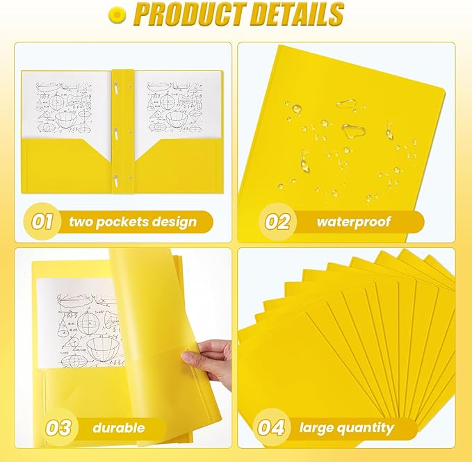 Yeaqee 30 Pcs Plastic Folders with Pockets and Prong Plastic Folders with 2 Pockets Pocket for Office, School for Students, Teachers, Office Workers (Yellow)