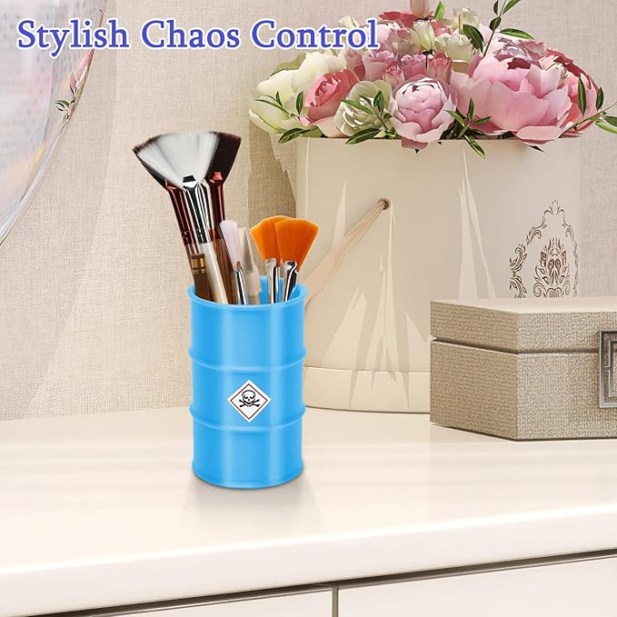 2 Pack Pen Holder for Desk, Creative Industrial Drum Barrel Pencil Holder, Cute Pencil Cup with 8 Fun Stickers, Chic Office Decor Desk Organizer- Blue & Red