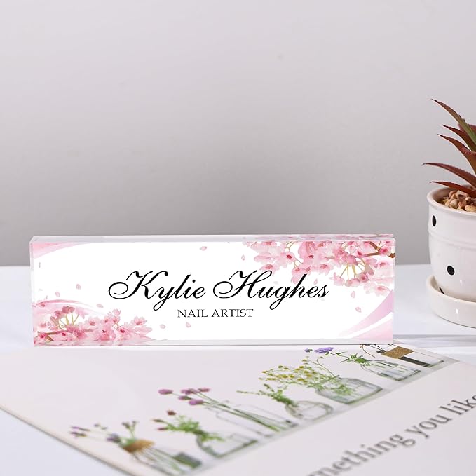 Custom Name Plate for Desk, Personalized Acrylic Office Name Sign with Name & Title, Elegant Desk Decor for Women Men, Employee Appreciation Gift (Sakura-2)