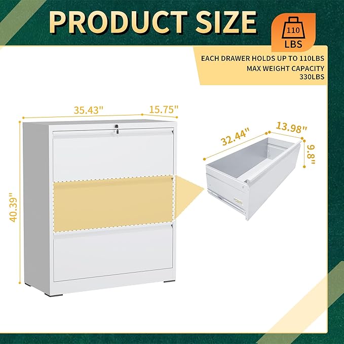 3 Drawer Lateral File Cabinet with Lock, Metal File Cabinets for Home Office, Steel Heavy-Duty Filing Storage Cabinet for Letters/Legal/A4 (Require Assembly, White)
