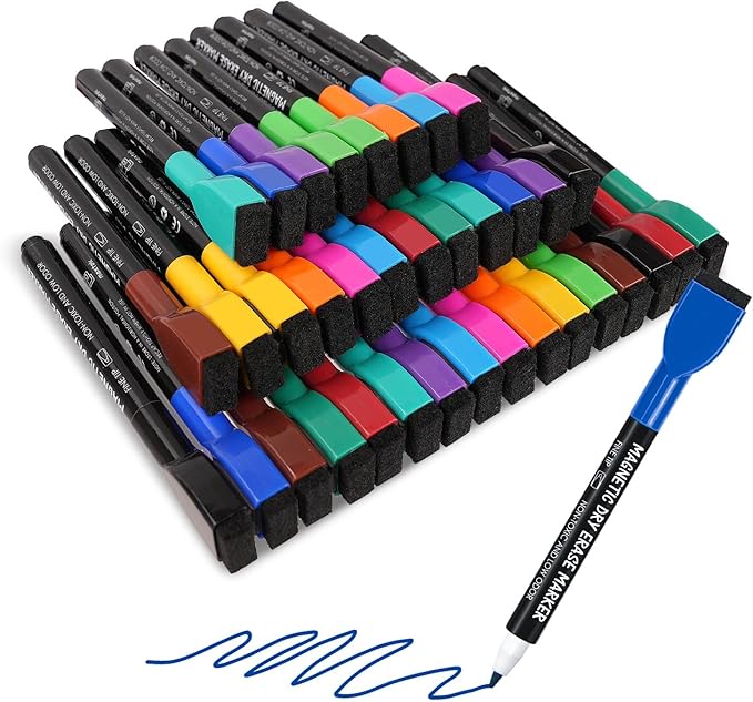maxtek 36 Count Magnetic Dry Erase Markers, Fine Tip, 12 Colors, Low Odor Whiteboard Markers with Built-in Eraser