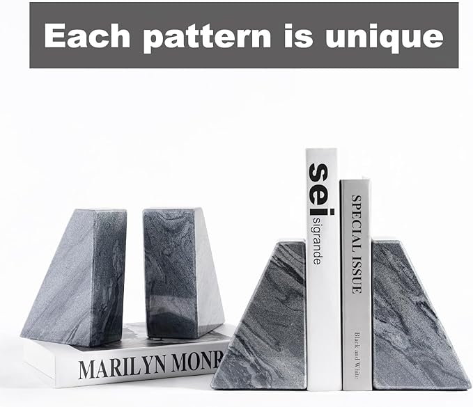 Marble Bookends for Heavy Books, Decorative Book Ends for Shelves, Unique and Heavy-Duty Book Ends for Hardback Book & CDS, Stone Book Stopper, Modern Book Holder, Monte Grigi, Set of 2