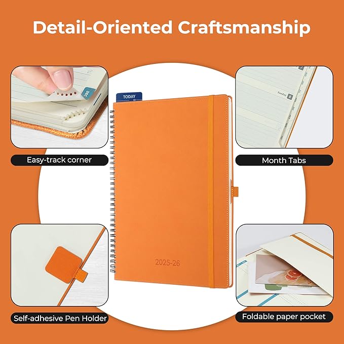 Planner 2025-2026 Daily Weekly and Monthly,11.5"x8.5",18 Months Spiral Bound Calendar Agenda with Self-adhesive Pen Holder,2026 Academic Plan with Vegan Leather Soft Cover,Orange