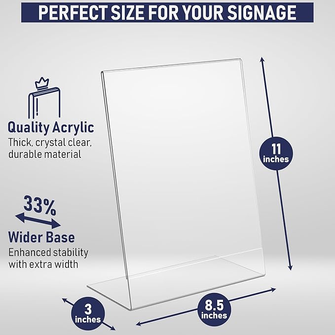 Acrylic Sign Holder 8.5 x 11, Slant Back Display Stand, A-Frame Flyer Display for Office, Menu Holder, and Table Signs. Acrylic Stands for Paper and Sign Frame, Perfect for Tabletop Use (6 Pack)